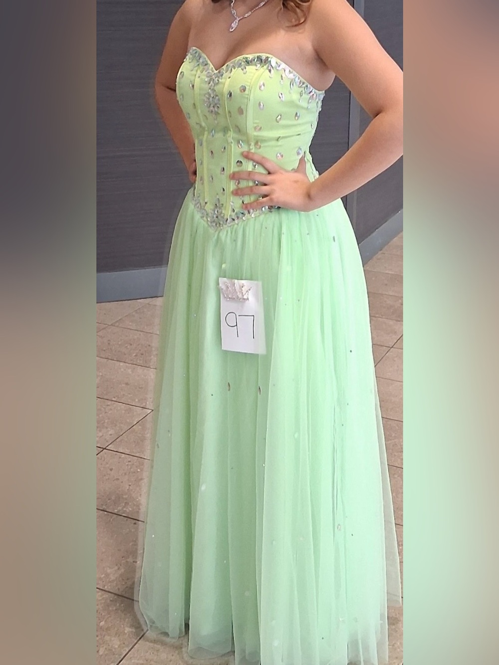 Strapless Mint Green Formal Tulle Gown with Embellished Bodice